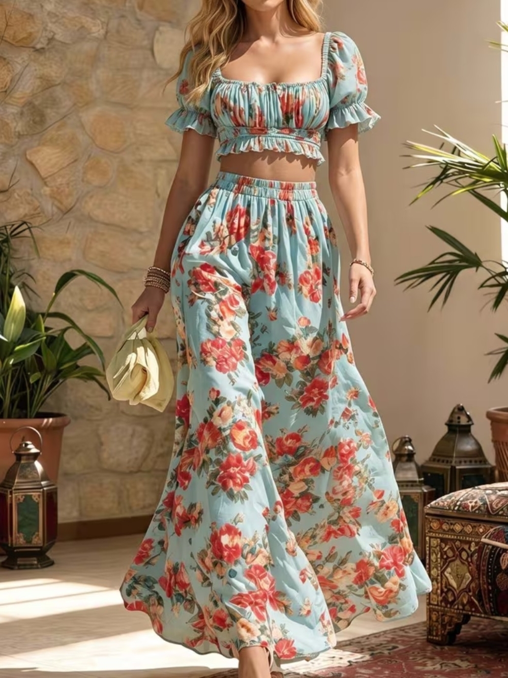 2 Piece Boho Floral Maxi Dress With Crop Top- Light Blue with Red Floral